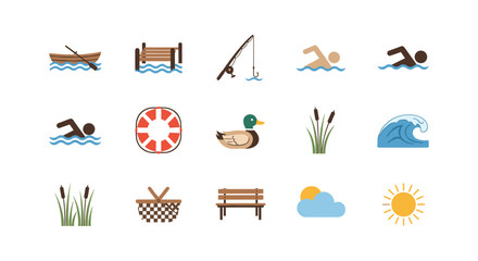 Flat design icons for outdoor water activities and relaxation