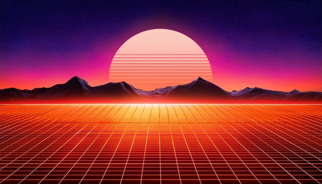 Retro Glowing Orange Grid With Mountains In The Distance Sunset And Purple Sky Synthwave Vaporware Or Retrowave 80S Minimal Geometric Background