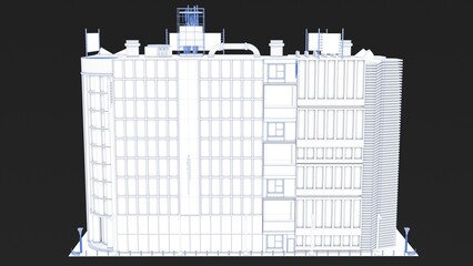 3D rendering of a stylized uniquely designed building with white color and blue lines represented in a blueprint format