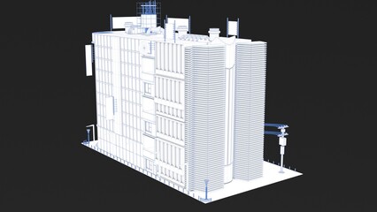 3D rendering of a stylized uniquely designed building with white color and blue lines represented in a blueprint format