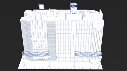 3D rendering of a stylized uniquely designed building with white color and blue lines represented in a blueprint format