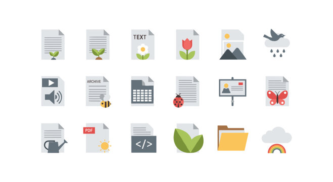 Flat style document and nature icon set with pdf, audio, image, and weather symbols