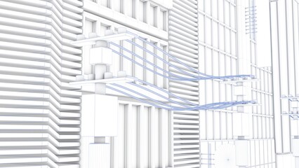 3D rendering of a stylized uniquely designed building with white color and blue lines represented in a blueprint format