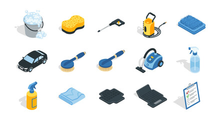 Isometric car cleaning icons: tools and equipment for vehicle detailing