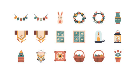 Fototapeta premium Charming springtime decor elements: floral wreaths, easter baskets, and cozy accents