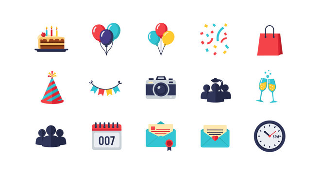 Flat style celebration icons: cake, balloons, confetti, and more party elements