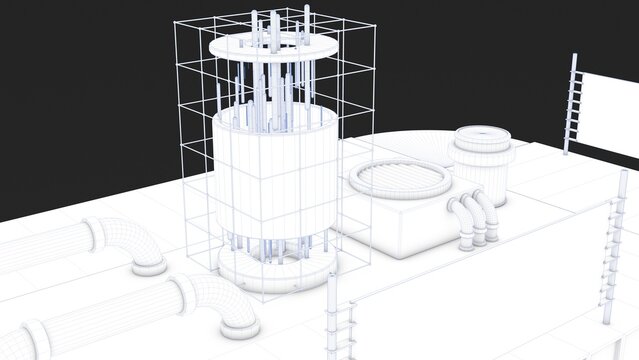 3D rendering of a stylized uniquely designed building with white color and blue lines represented in a blueprint format