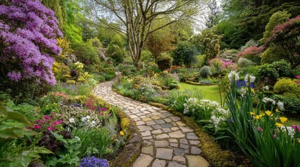 Obraz premium A winding stone pathway leads through a lush garden filled with vibrant flowers and greenery. This peaceful scene captures the essence of spring, showcasing a variety of blooms.