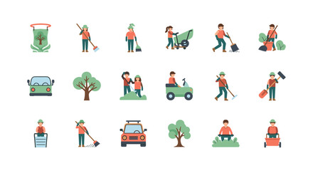 Colorful icons of people engaged in outdoor gardening activities