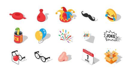 Isometric prank and humor elements for april fool's day celebration
