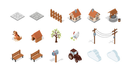 Isometric farm elements set including buildings, animals, and nature