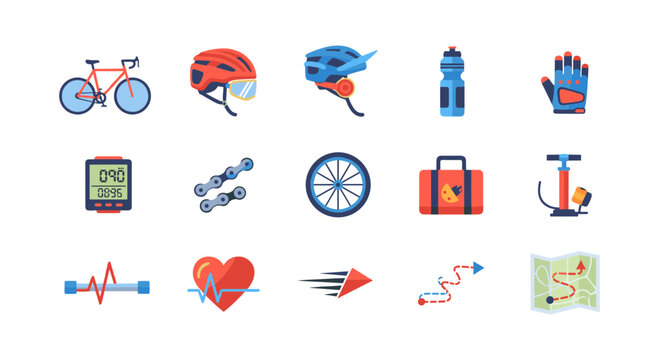 Cycling essentials: modern flat icons collection for fitness and adventure enthusiasts