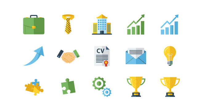 Business and success icons set featuring graphs, awards, and office elements