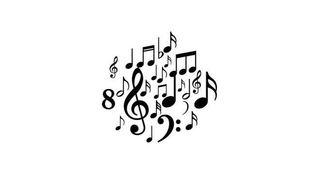 Dynamic music symbols arrangement on white background