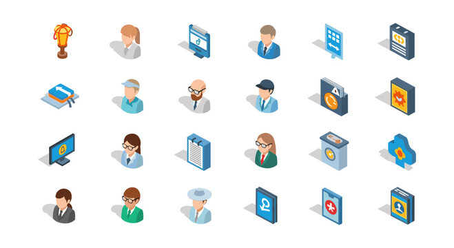 Isometric people and technology icons set with various professions and gadgets