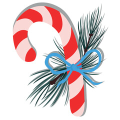 Candy cane Christmas, vector drawing. Lollipop with coniferous branches on a white background.