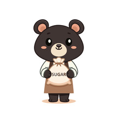 Naklejka premium Cute bear barista holding a sugar bag – vector illustration