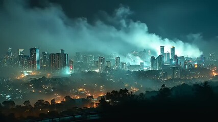 Moody cityscape at night with dramatic fog and twinkling lights, perfect for urban development or modern tech themes, with a surreal, dreamlike atmosphere - Powered by Adobe
