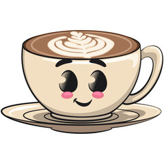 cute latte art coffee cup mascot, smiling cartoon mug vector illustration, work of hand drawn