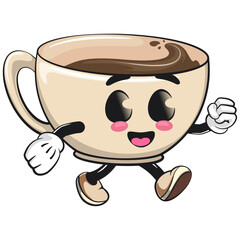 cute coffee cup mascot walking, cartoon coffee mug vector illustration, work of hand drawn