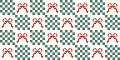 Fototapeta na wymiar Vintage Christmas seamless pattern with plaid and red bow. Abstract festive background. Holiday wrap paper texture. Xmas and winter checker print decoration. Vector illustration