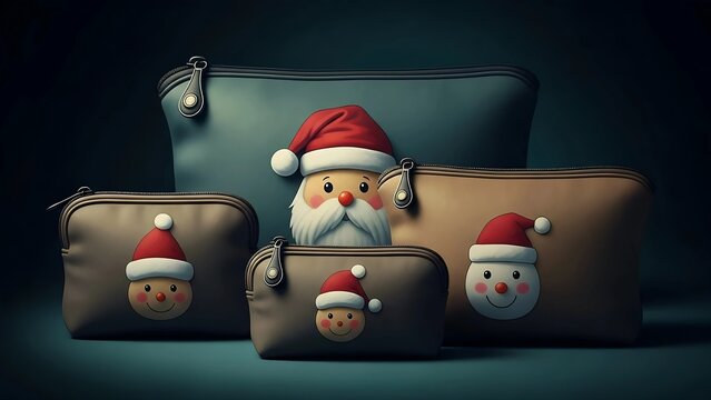 Group of festive Christmas cosmetic bag with Santa Claus and a snowman design. Holiday makeup pouches for gift or seasonal travel.