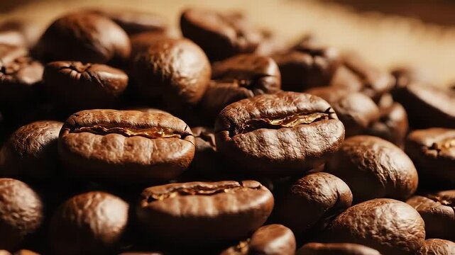Close up of roasted coffee beans with rich texture and warm lighting.