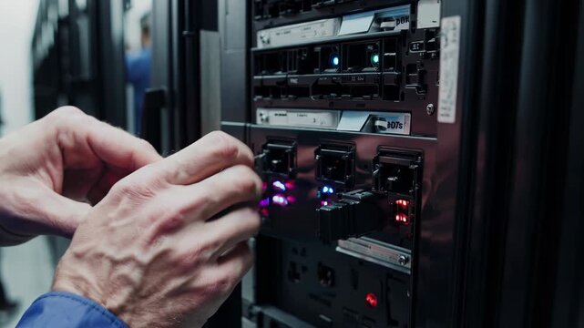 Technician inserting a usb drive into a server blade inside a data center rack, close up of hands performing it maintenance, backup or firmware transfer for network operations