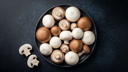 Assorted white and brown mushrooms arranged on a dark plate food ingredient