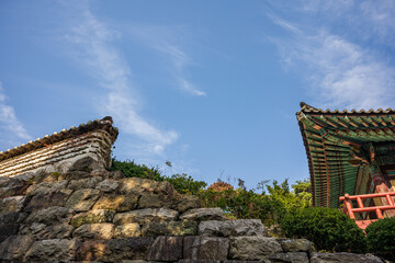 Korean Traditional Eaves Stone Wall Blue Sky Contrast
