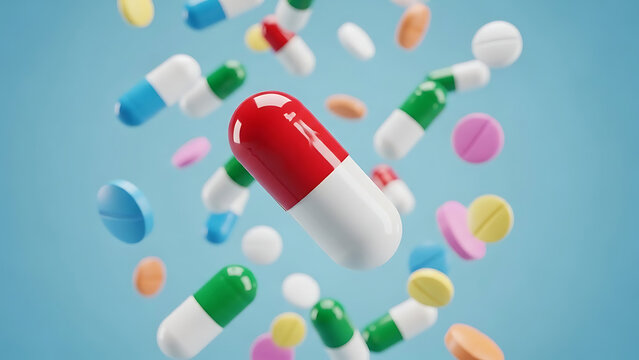 Assorted colorful pills and capsules floating against a light blue background medicine - Powered by Adobe