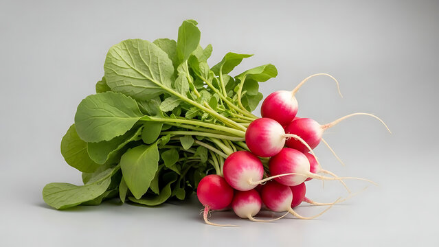 Bunch of fresh red and white radishes with green leaves image