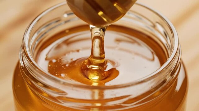 Golden Honey Dripping from Wooden Dipper into Jar Close Up.