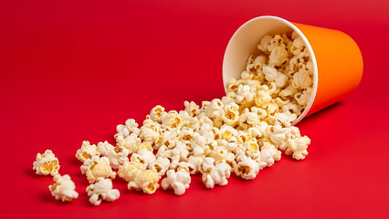 Orange bucket spilling popcorn onto red background snack food image