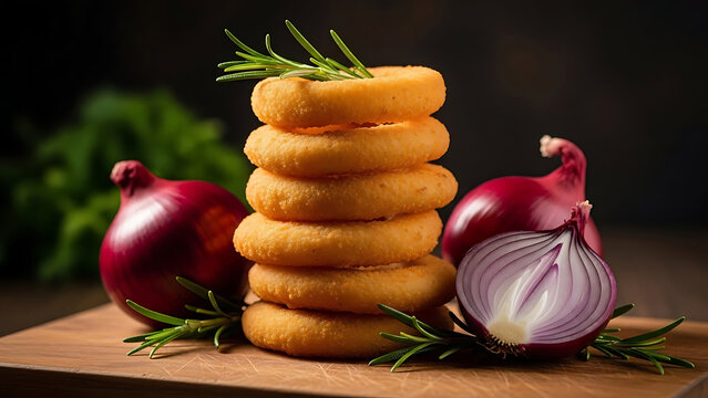 Stacked golden fried onion rings with red onions and rosemary brown