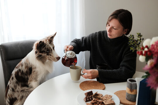 A woman pours tea at a breakfast table while her dog watches attentively, creating a warm domestic moment. The scene reflects companionship, calm routine, and quiet morning atmosphere. - Powered by Adobe