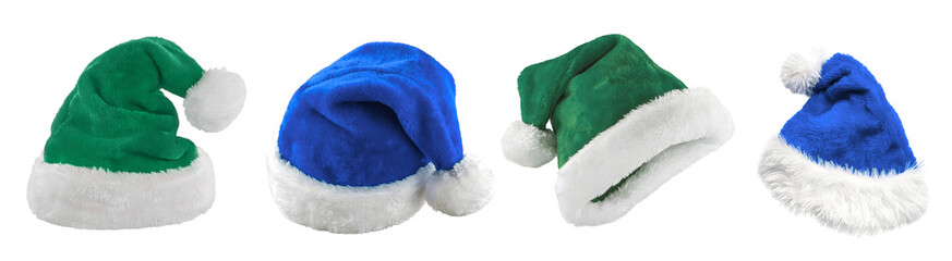 PNG image of Festive christmas hats in green and blue with white trim are displayed against a perfect for holiday promotions and seasonal designs on transparent background