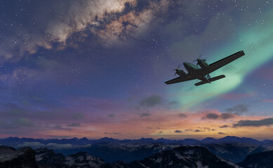 3D Rendering Airplane Soaring Over Mountain Range At Sunset With Aurora Night Sky