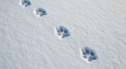 Dog paw prints in fresh white snow during winter day