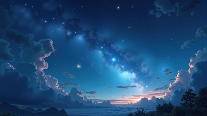 An enchanted night sky filled with shimmering stars and mystical symbols. Fantasy & Dreamlike style.