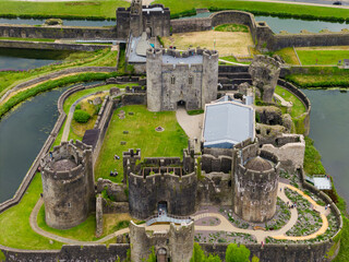 High angle view of the largest castle in Wales, showing its medieval stone ruins © whitcomberd