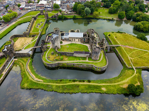 Medieval Caerphilly Castle ruin with its extensive water defences and moat