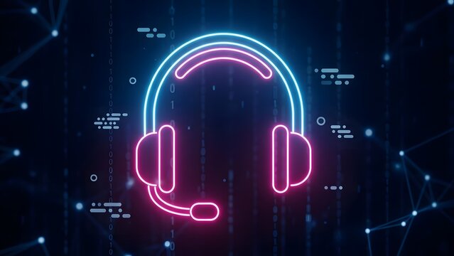 A glowing neon headset with microphone on a dark background with digital elements and connections