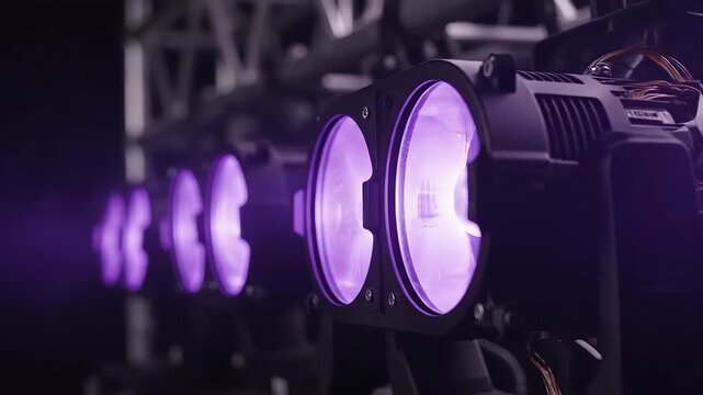 Row of Powerful Purple Stage Spotlights Glowing in the Dark.
