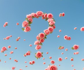 a question mark made of pink blooming roses in the blue sky. Romantic card, Valentine design, spring background