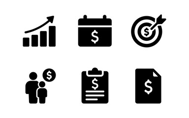 Financial icons set: growth, calendar, target, family, clipboard, document