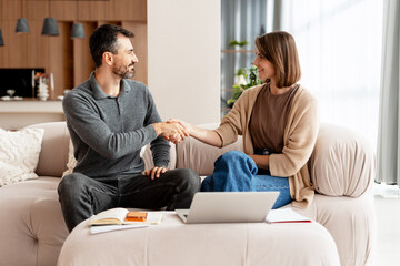 Man and woman shaking hands making agreement in home office
