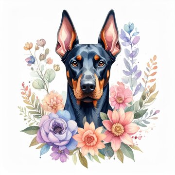Doberman surrounded by vibrant flowers in a colorful illustration, celebrating pet beauty and nature