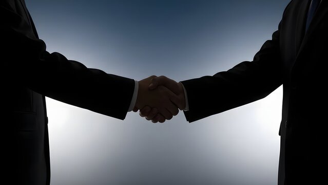 Silhouette of two business people shaking hands against a bright and neutral background image view