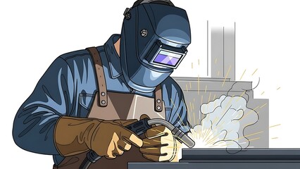 Professional welder in protective gear working with a welding torch illustration.
